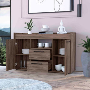 English Elm Ilumina Low Profile Sideboard with Dual Doors Two Drawers and Open Display Shelf B128S00153