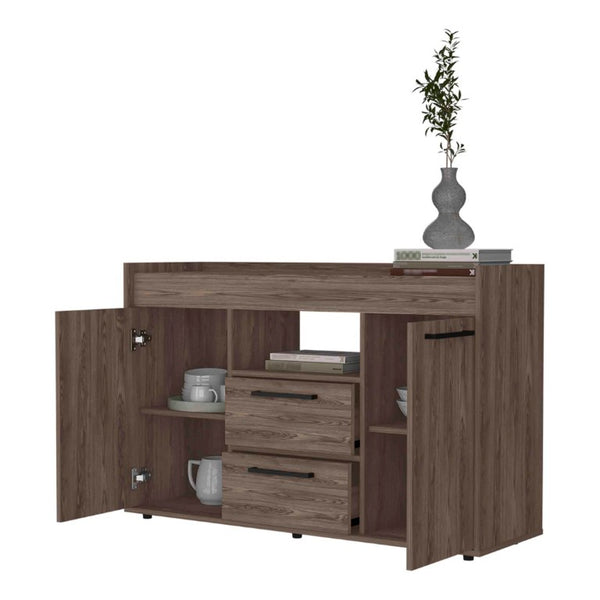 English Elm Ilumina Low Profile Sideboard with Dual Doors Two Drawers and Open Display Shelf B128S00153