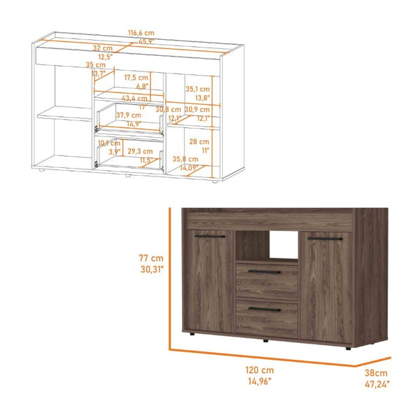 English Elm Ilumina Low Profile Sideboard with Dual Doors Two Drawers and Open Display Shelf B128S00153