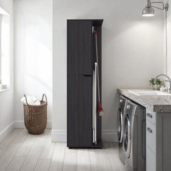 English Elm Fm Furniture Slim Wenge Broom Cabinet with Shelves and Rod for Laundry or Utility Room B128S00254