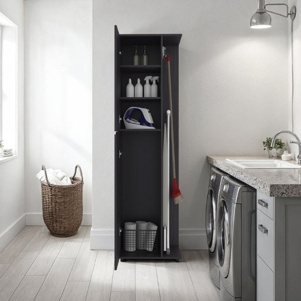 English Elm Fm Furniture Slim Wenge Broom Cabinet with Shelves and Rod for Laundry or Utility Room B128S00254