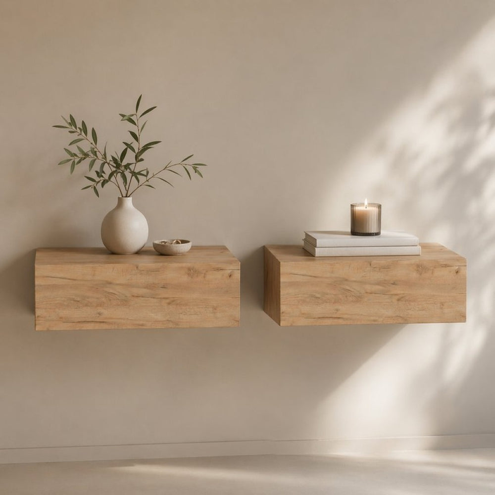 English Elm Custer Wall Mounted Oak Floating Nightstands Set of 2 for Minimalist Bedroom Storage B128S00275