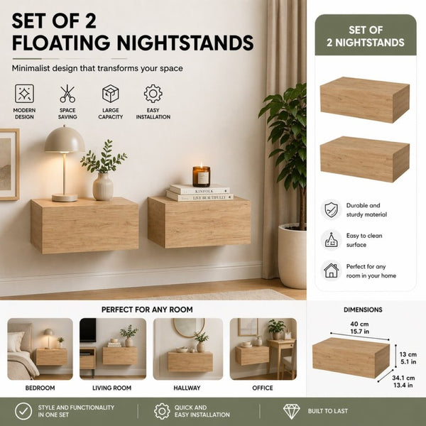 English Elm Custer Wall Mounted Oak Floating Nightstands Set of 2 for Minimalist Bedroom Storage B128S00275
