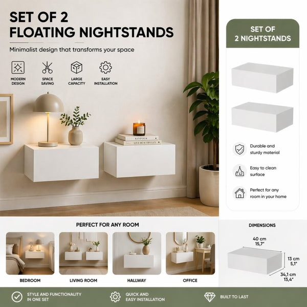 English Elm Custer Wall Mounted Floating Nightstand Pair with Drawer for Minimalist Bedroom Decor B128S00277