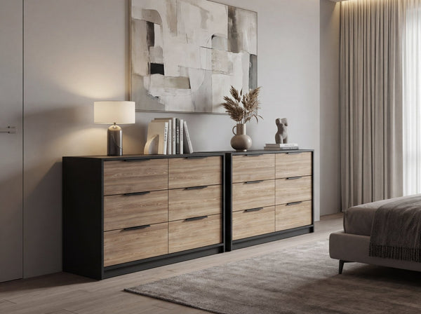English Elm Ruby Matching Pair of 4-drawer Dressers with Open Shelf and Matte Black Hardware B128S00294
