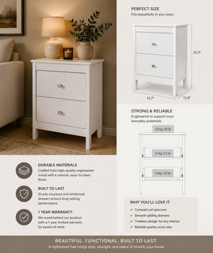 English Elm Hampton Matte White Engineered Wood 2 Drawer Nightstand Set for Modern Bedrooms B128S00301