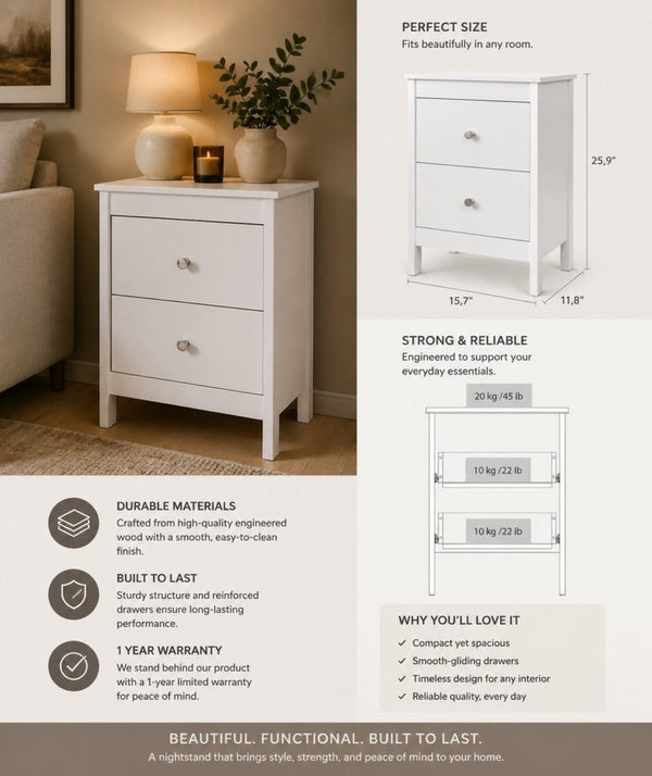 English Elm Hampton Matte White Engineered Wood 2 Drawer Nightstand Set for Modern Bedrooms B128S00301