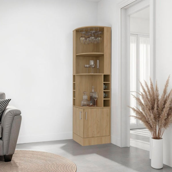 English Elm Page Corner Bar Cabinet Tall Oak Melamine Wine Rack Glass Storage for Small Spaces Natural B128S00307