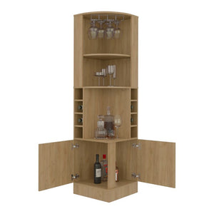 English Elm Page Corner Bar Cabinet Tall Oak Melamine Wine Rack Glass Storage for Small Spaces Natural B128S00307