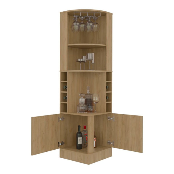 English Elm Page Corner Bar Cabinet Tall Oak Melamine Wine Rack Glass Storage for Small Spaces Natural B128S00307