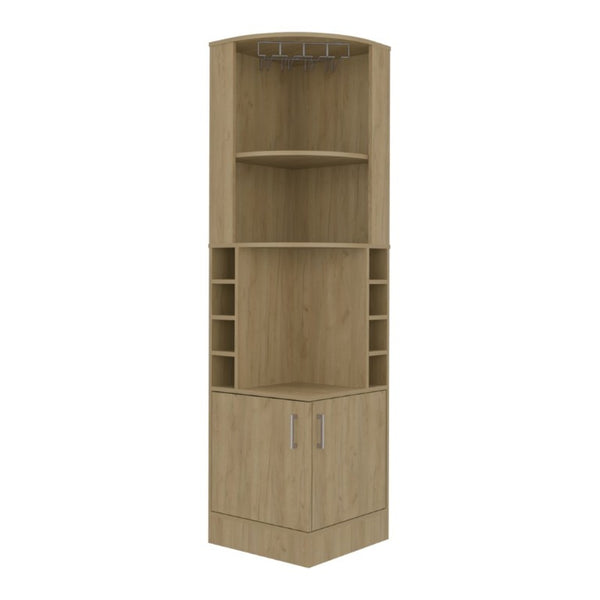 English Elm Page Corner Bar Cabinet Tall Oak Melamine Wine Rack Glass Storage for Small Spaces Natural B128S00307