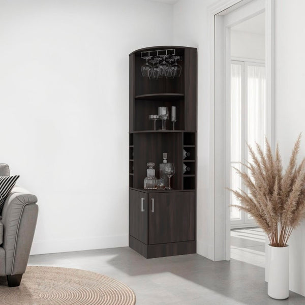 English Elm Page Corner Bar Cabinet Tall Oak Melamine Wine Rack Glass Storage for Small Spaces Walnut B128S00308