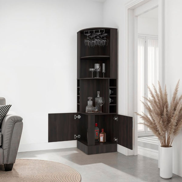 English Elm Page Corner Bar Cabinet Tall Oak Melamine Wine Rack Glass Storage for Small Spaces Walnut B128S00308