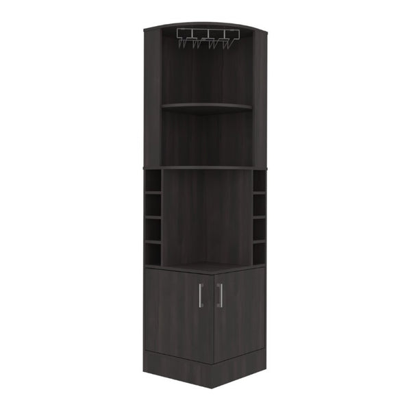 English Elm Page Corner Bar Cabinet Tall Oak Melamine Wine Rack Glass Storage for Small Spaces Walnut B128S00308
