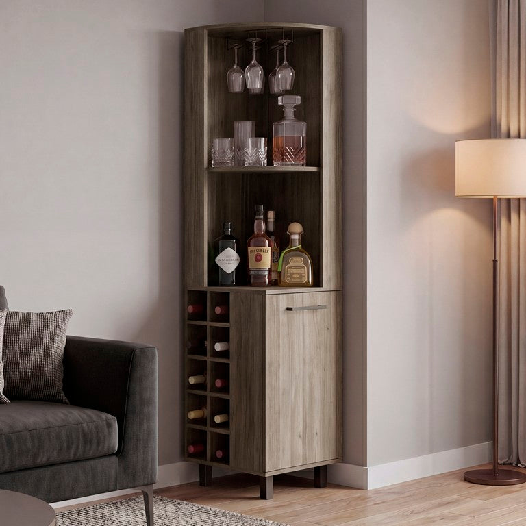 English Elm Kingston Tall Corner Bar Cabinet with Stemware Rack Wine Bottle and Display Storage B128S00313