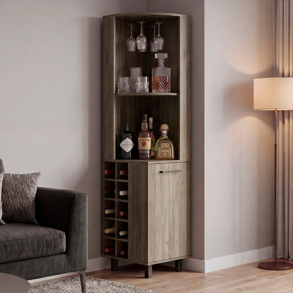English Elm Kingston Tall Corner Bar Cabinet with Stemware Rack Wine Bottle and Display Storage B128S00313
