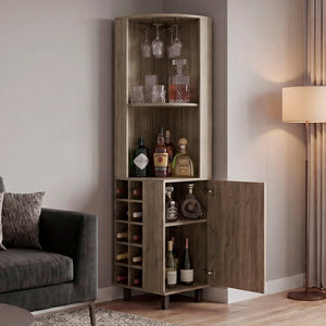 English Elm Kingston Tall Corner Bar Cabinet with Stemware Rack Wine Bottle and Display Storage B128S00313