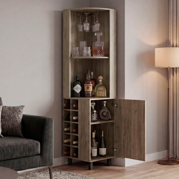 English Elm Kingston Tall Corner Bar Cabinet with Stemware Rack Wine Bottle and Display Storage B128S00313