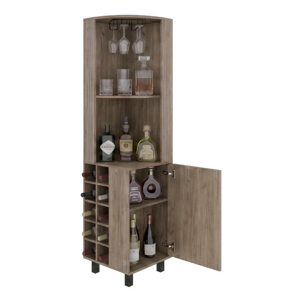 English Elm Kingston Tall Corner Bar Cabinet with Stemware Rack Wine Bottle and Display Storage B128S00313