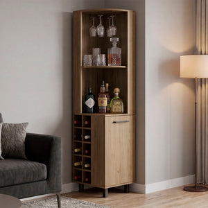 English Elm Kingston Tall Corner Bar Cabinet with Stemware Rack Wine Storage and Display Shelves B128S00314