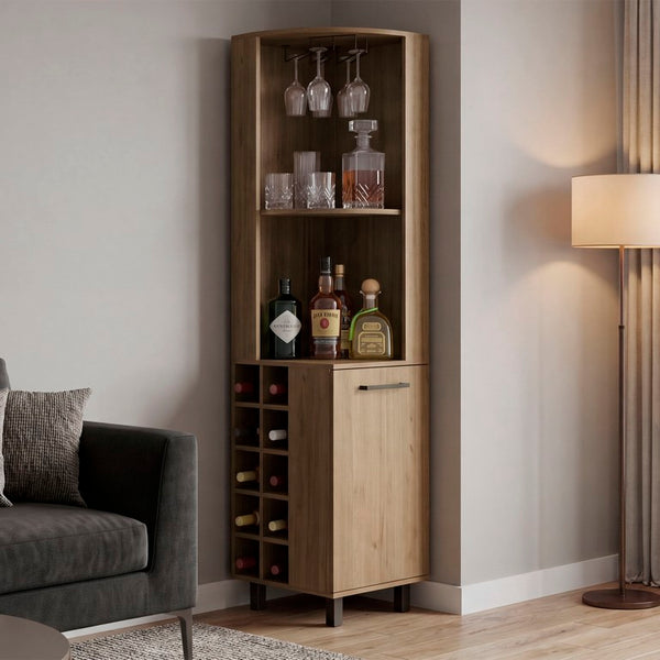 English Elm Kingston Tall Corner Bar Cabinet with Stemware Rack Wine Storage and Display Shelves B128S00314