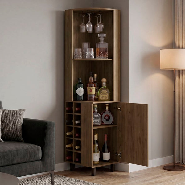English Elm Kingston Tall Corner Bar Cabinet with Stemware Rack Wine Storage and Display Shelves B128S00314