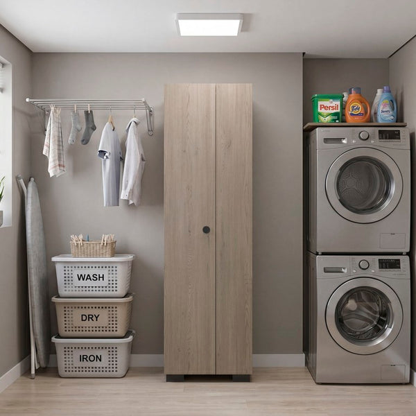 English Elm Kingnston Tall Broom and Mop Storage Cabinet Engineered Wood for Laundry Rooms White and Cannoli B128S00315
