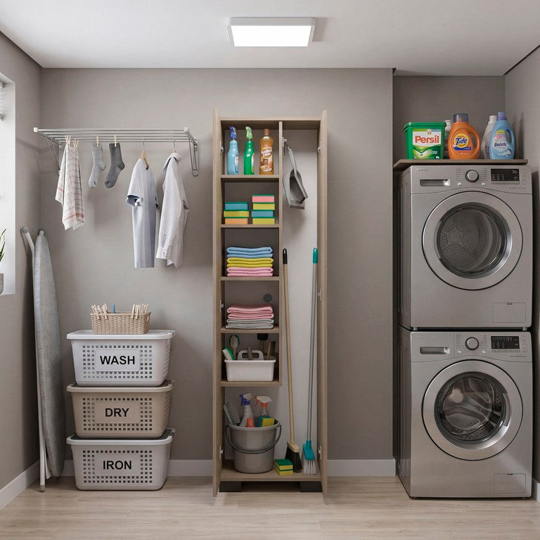 English Elm Kingnston Tall Broom and Mop Storage Cabinet Engineered Wood for Laundry Rooms White and Cannoli B128S00315