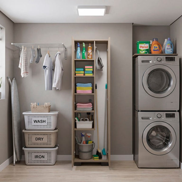 English Elm Kingnston Tall Broom and Mop Storage Cabinet Engineered Wood for Laundry Rooms White and Cannoli B128S00315