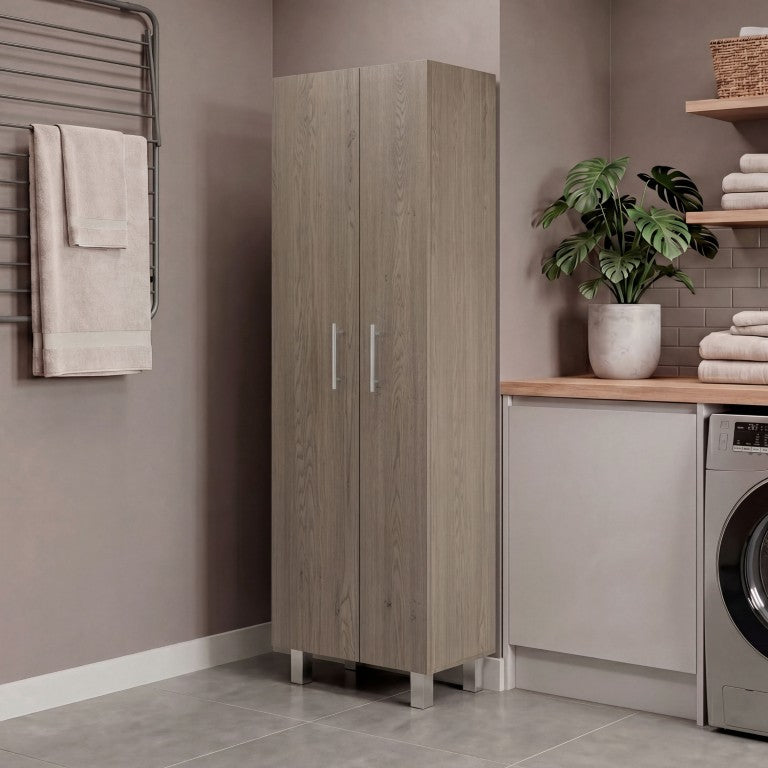 English Elm Nala Tall Freestanding Utility Cabinet with Broom Storage and Interior Shelving Beige Brown B128S00316