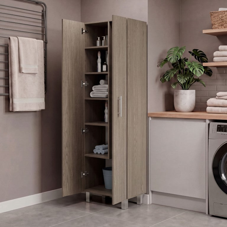 English Elm Nala Tall Freestanding Utility Cabinet with Broom Storage and Interior Shelving Beige Brown B128S00316