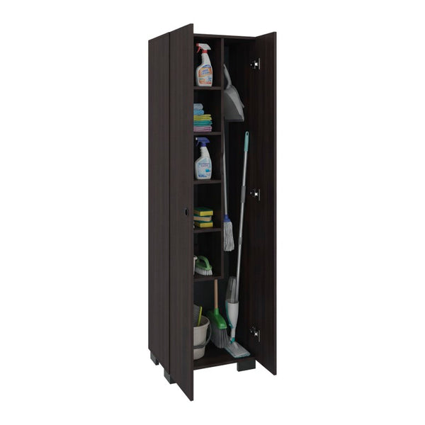 English Elm Kingnston Tall Broom and Mop Storage Cabinet Engineered Wood for Laundry Rooms Walnut B128S00318