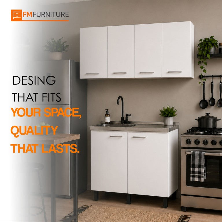 English Elm Texas Two Zone Kitchen Cabinet Set with Sink Base Wall Storage White Finish B128S00320