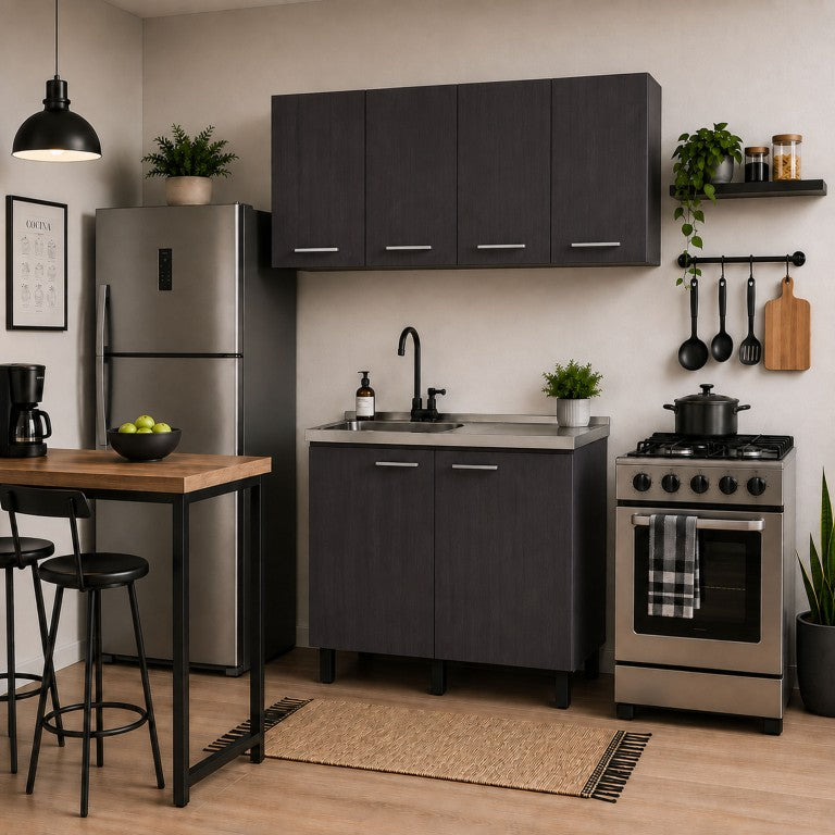 English Elm Texas Wenge Finish Manufactured Wood Kitchen Sink Base and Wall Cabinet Storage Set B128S00321