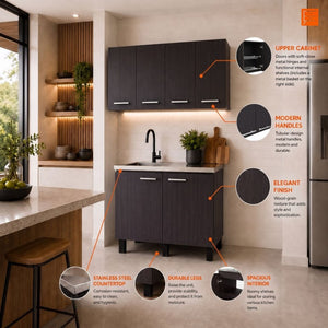 English Elm Texas Wenge Finish Manufactured Wood Kitchen Sink Base and Wall Cabinet Storage Set B128S00321