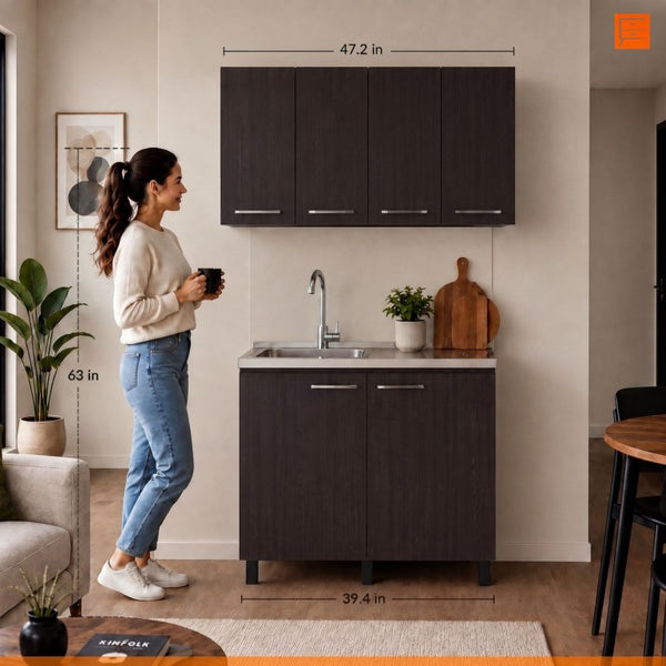English Elm Texas Wenge Finish Manufactured Wood Kitchen Sink Base and Wall Cabinet Storage Set B128S00321