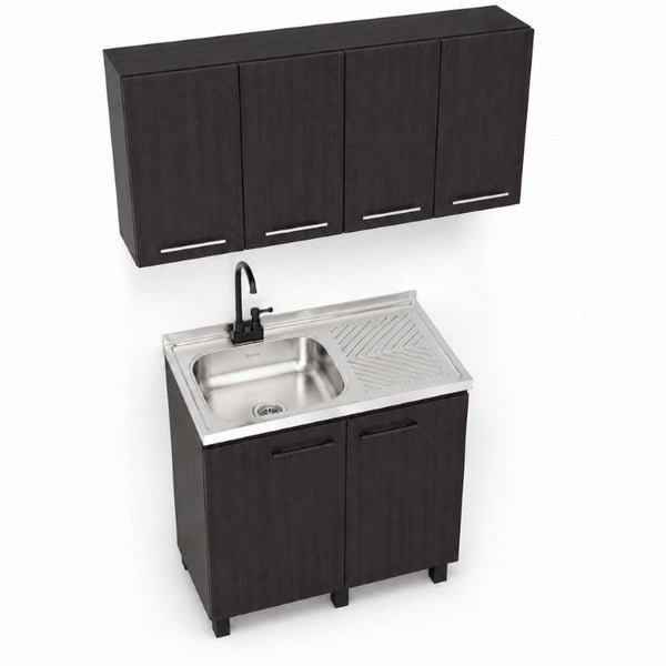 English Elm Texas Wenge Finish Manufactured Wood Kitchen Sink Base and Wall Cabinet Storage Set B128S00321