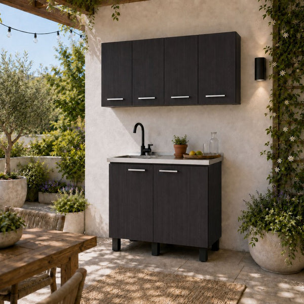English Elm Texas Wenge Finish Manufactured Wood Kitchen Sink Base and Wall Cabinet Storage Set B128S00321