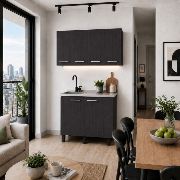 English Elm Texas Wenge Finish Manufactured Wood Kitchen Sink Base and Wall Cabinet Storage Set B128S00321
