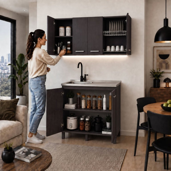 English Elm Texas Wenge Finish Manufactured Wood Kitchen Sink Base and Wall Cabinet Storage Set B128S00321
