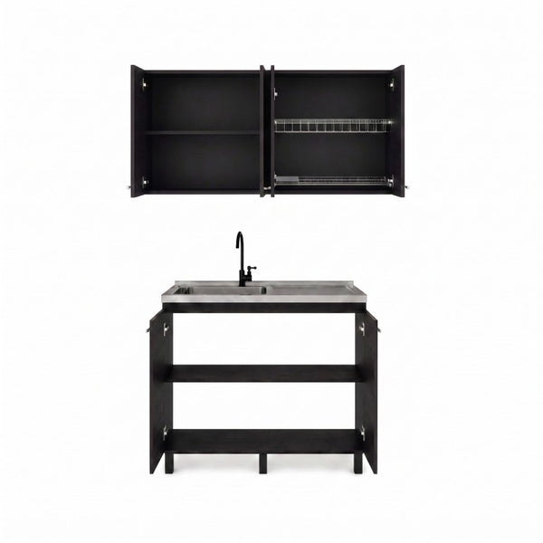 English Elm Texas Wenge Finish Manufactured Wood Kitchen Sink Base and Wall Cabinet Storage Set B128S00321