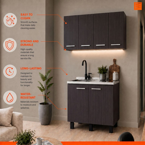 English Elm Texas Wenge Finish Manufactured Wood Kitchen Sink Base and Wall Cabinet Storage Set B128S00321
