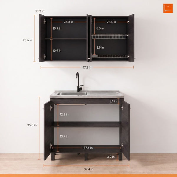 English Elm Texas Wenge Finish Manufactured Wood Kitchen Sink Base and Wall Cabinet Storage Set B128S00321