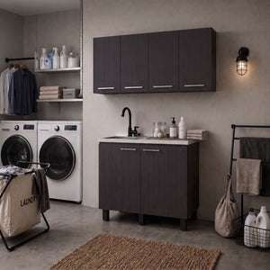 English Elm Texas Wenge Finish Manufactured Wood Kitchen Sink Base and Wall Cabinet Storage Set B128S00321