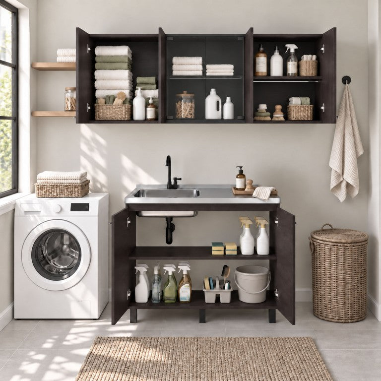 English Elm Alaska Manufactured Wood Cabinet Set with Sink Base and Glass Front Doors for Utility Rooms Wenge B128S00325