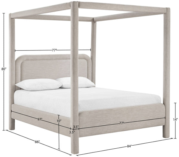 Meridian Furniture Salina Upholstered Canopy King Bed with Sculptural Four Post Frame for Modern Bedrooms Beige Linen Textured Fabric B1294Beige-K
