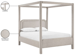 Meridian Furniture Salina Upholstered Canopy King Bed with Sculptural Four Post Frame for Modern Bedrooms Beige Linen Textured Fabric B1294Beige-K