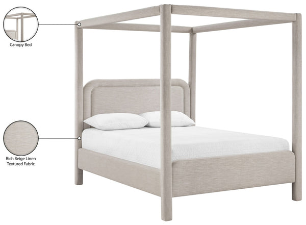 Meridian Furniture Salina Upholstered Canopy King Bed with Sculptural Four Post Frame for Modern Bedrooms Beige Linen Textured Fabric B1294Beige-K