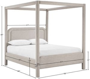 Meridian Furniture Salina Upholstered Canopy Queen Bed Four Post Sculptural Frame for Modern Bedrooms Beige Linen Textured Fabric B1294Beige-Q