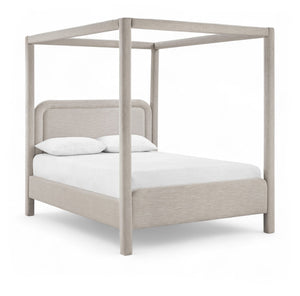 Meridian Furniture Salina Upholstered Canopy Queen Bed Four Post Sculptural Frame for Modern Bedrooms Beige Linen Textured Fabric B1294Beige-Q